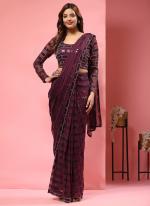 Pure Georgette Wine Party Wear Embroidery Work Ready To Wear Saree